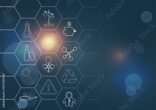 PFAS hexagonal network infographic template with chemical safety icons. Environmental compliance concept diagram showing risk assessment elements. Professional presentation design. Vector illustration