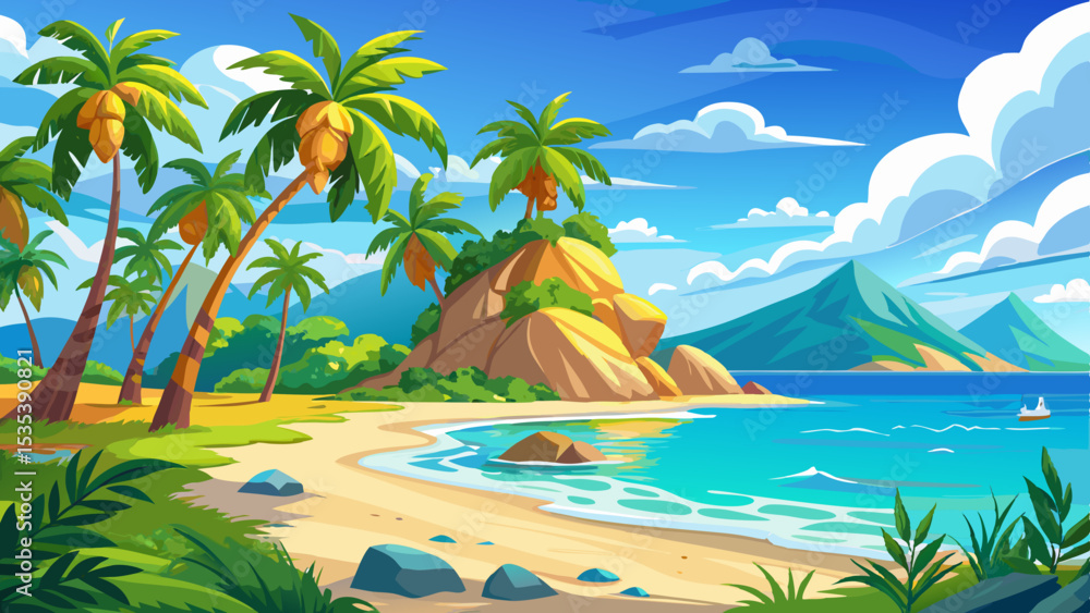 Obraz premium Paradise island beach. Tropical landscape of summer panorama sunny sea sand sky palm trees. Luxury travel vacation destination. Exotic beach landscape. Amazing nature relax tranquil panoramic .Very be