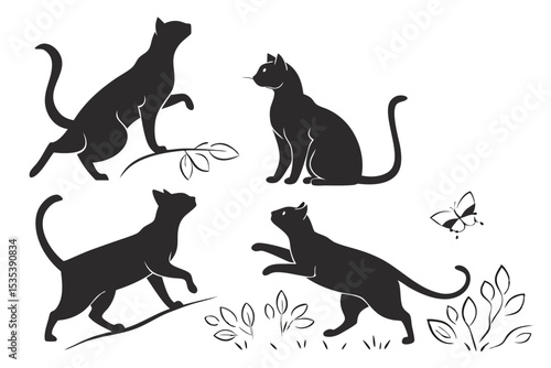 Elegant silhouette vector illustration of playful cats and delicate butterfly on a white background