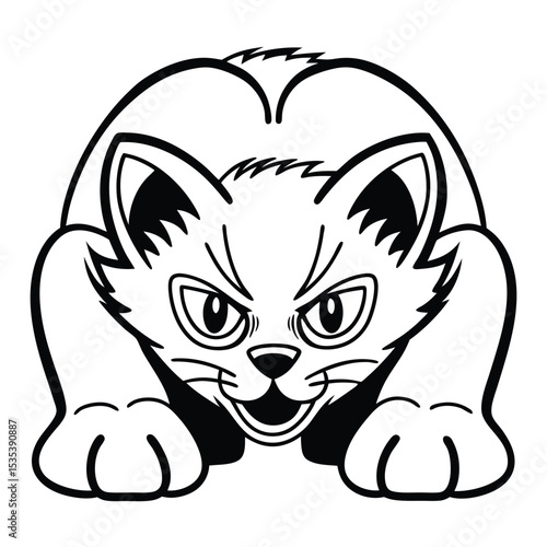 Fierce black and white cartoon cat illustration in a striking aggressive pose