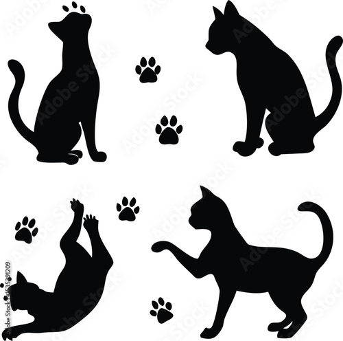 Playful black cat silhouettes and paw prints on a white background for design purposes