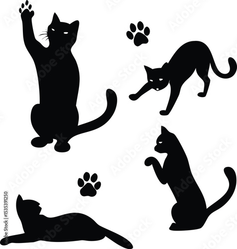 Playful black cat silhouettes and paw prints vector illustration on white background