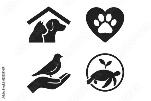 Simple Animal Shelter Icons Cat, Dog, Bird, Turtle Symbols for Adoption, Care, and Rescue