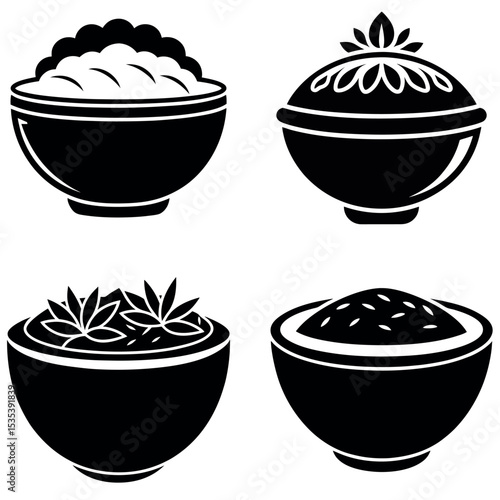 Four Bowls with Various Toppings Rice, Flowers, Floral Lid, Black and White