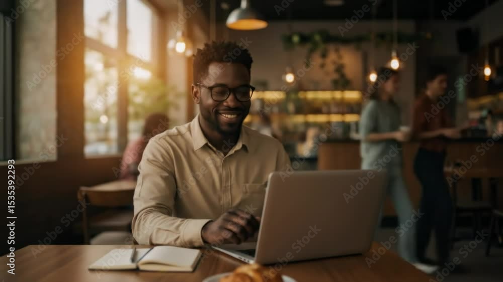 Smiling black male entrepreneur working on laptop in cafe with coffee cup. Young African American man enjoying work session at coffee shop. Friendly cafe setting, productive remote work. Smiling black male entrepreneur working on laptop in cafe with coffee cup. Young African American man enjoying work session at coffee shop. Friendly cafe setting, productive remote work.