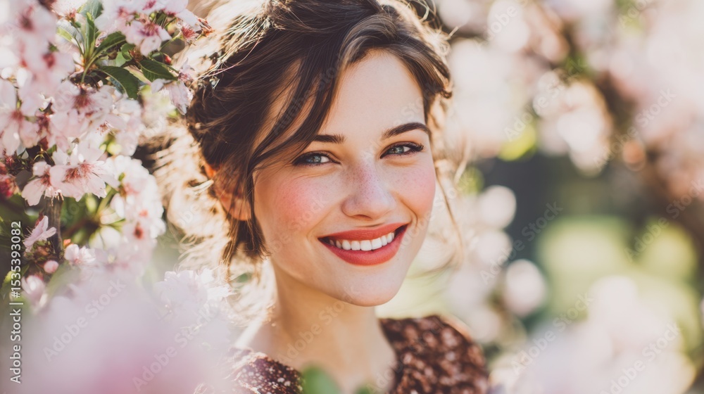 Fototapeta premium Radiant Spring Beauty: A captivating portrait of a woman, her face illuminated by the soft, natural light filtering through a backdrop of blossoming flowers, a vision of serene elegance.