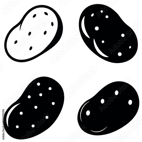 Four Black and White Potato Icons Featuring Different Styles and Contrasting Colors