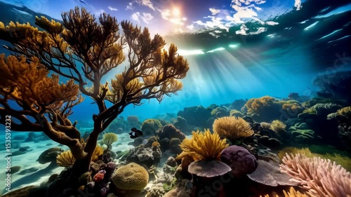 Wallpaper Mural Vibrant underwater seascape with coral reef formations, sunlight filtering through surface, and marine flora life diversity Torontodigital.ca