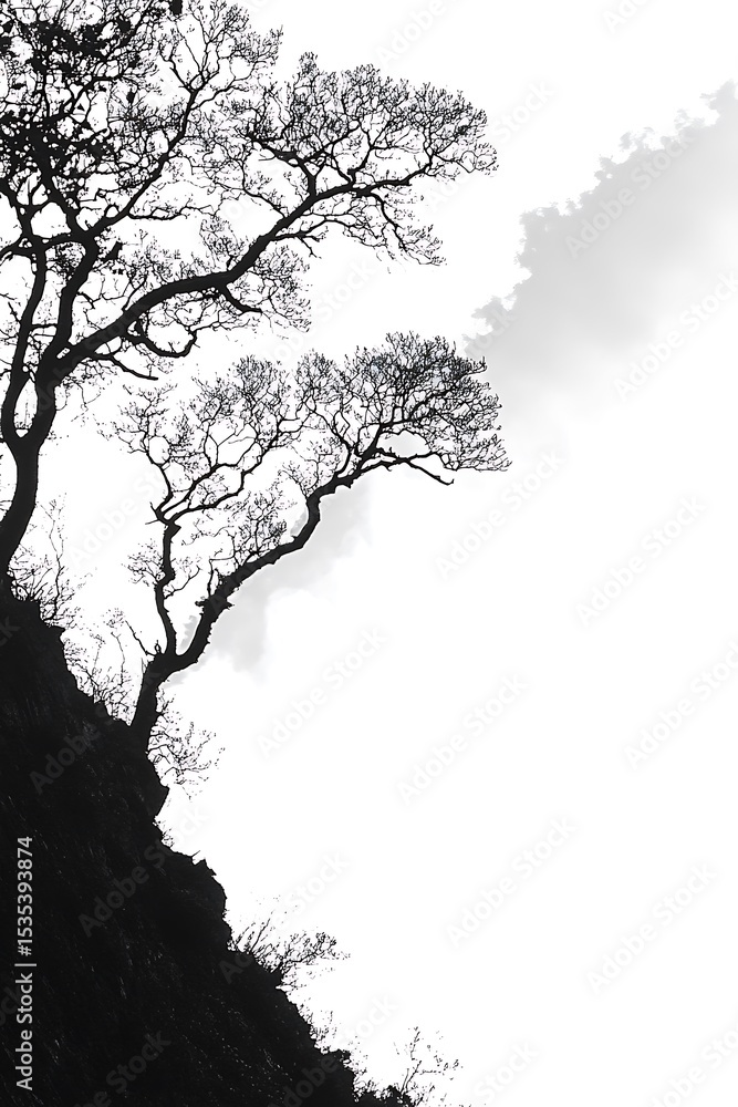 Naklejka premium Minimalist monochromatic silhouette of trees against a misty background