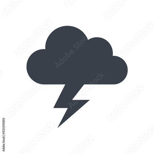 Simple cloud with lightning bolt, dark gray, represents weather and storm, with space for copy