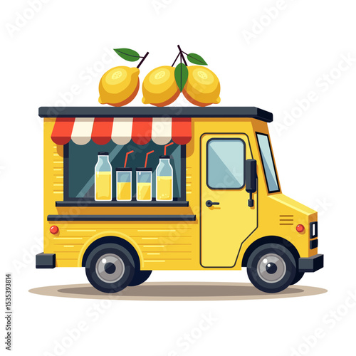 Yellow lemonade food truck with lemons, the concept of fresh summer refreshment