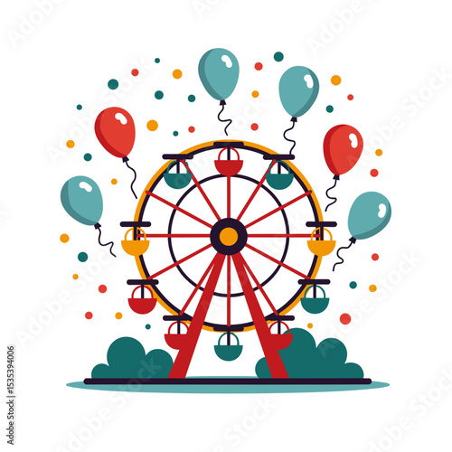 Ferris wheel and balloons, colorful design, for summer festivals