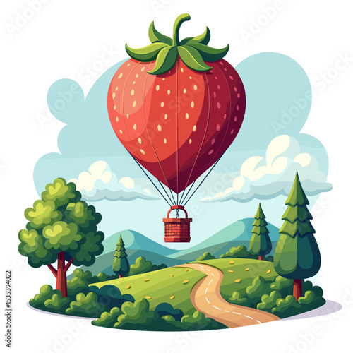 Strawberry shaped hot air balloon over a landscape, for travel blogs