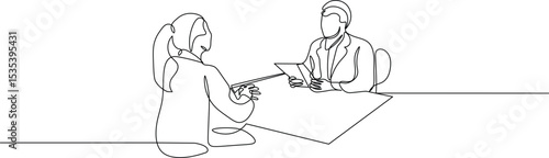 Job interview - vector modern simple one continuous line design composition with recruiter and candidate. Minimalist illustration sketch in black linear sketch isolated on white background