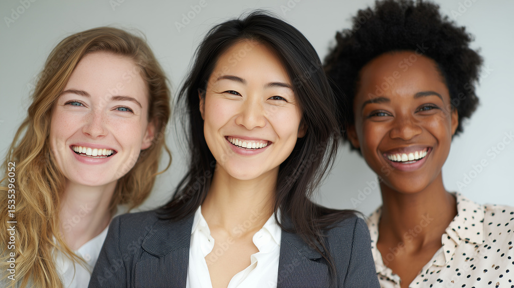 Three diverse businesswomen smiling confidently in professional setting. Three diverse businesswomen smiling confidently in professional setting.