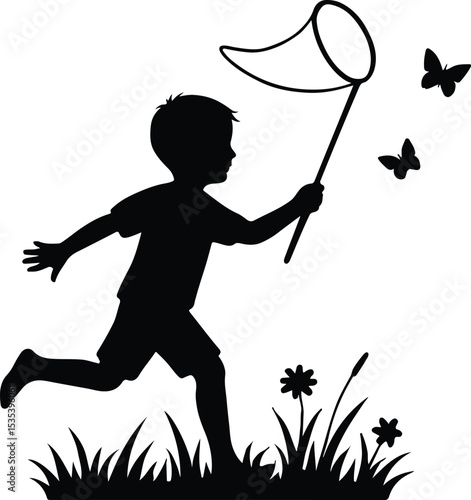 Silhouette Boy chasing butterflies with net vector illustration
