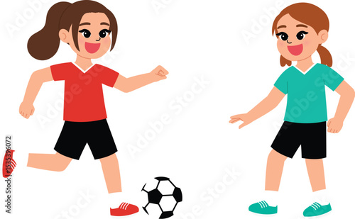 smile girl character playing football, children athletic kick soccer , game day, sport competition illustration