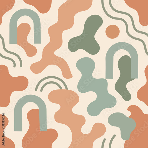 Seamless abstract geometric pattern with flowing shapes and arches in terracotta, sage green, and cream tones. Ideal for textiles, wallpapers, and modern decor.