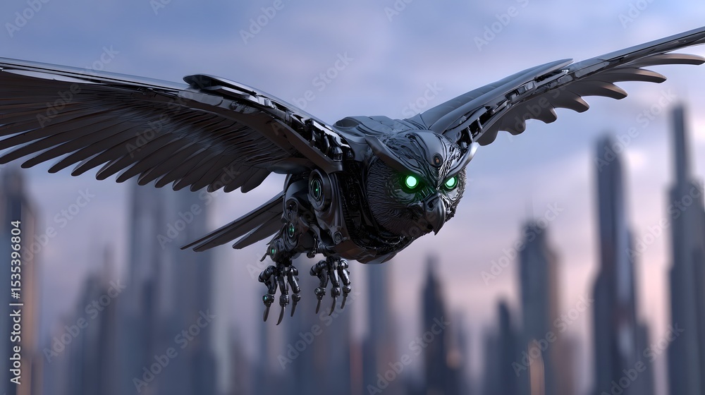 Fototapeta premium A mechanical owl soaring over a futuristic city