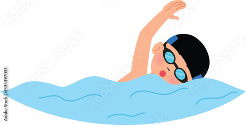 energetic boy character swimming, children swimming athletic , game day, sport competition illustration