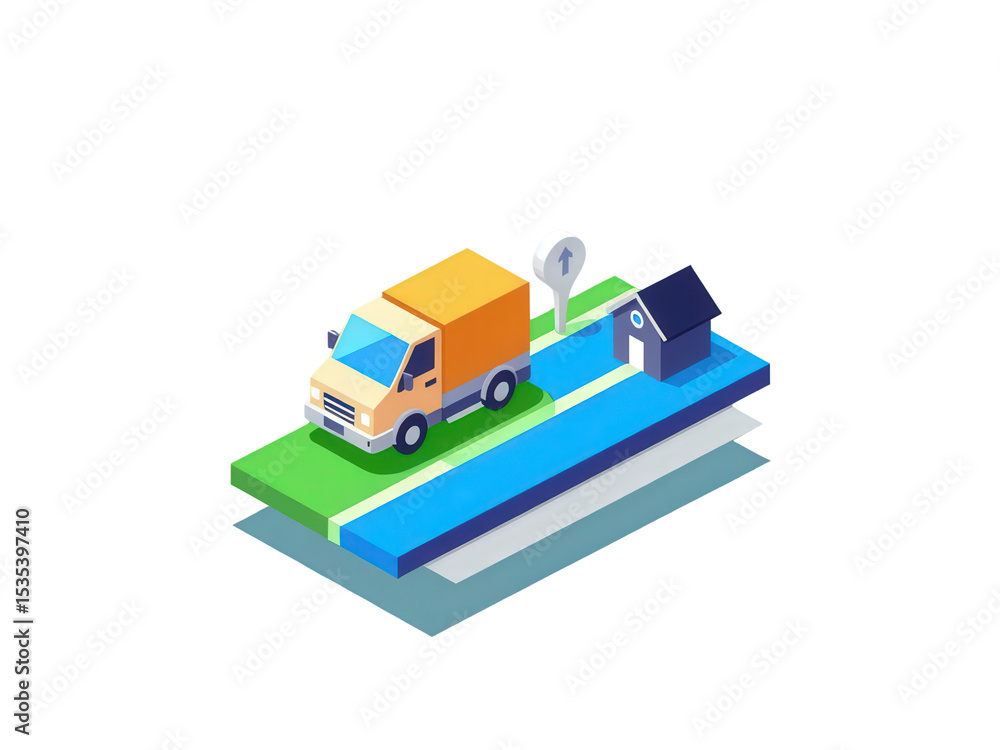 2d icon representing 'last mile delivery', with a small delivery van on a street map, on the final block leading to a house icon, minimalist design, solid blue and green colors, clean sharp lines 2d icon representing 'last mile delivery', with a small delivery van on a street map, on the final block leading to a house icon, minimalist design, solid blue and green colors, clean sharp lines