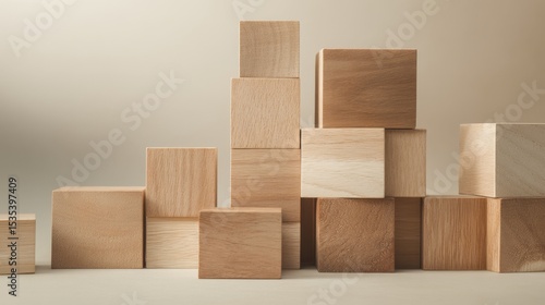 Stack of Wooden Blocks Natural Light Beige Background Abstract Minimalist Design