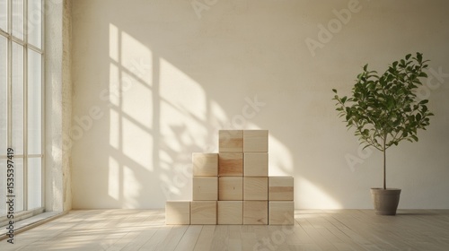 Wooden Blocks Stacked in a Minimalist Room with Sunlight and Plant