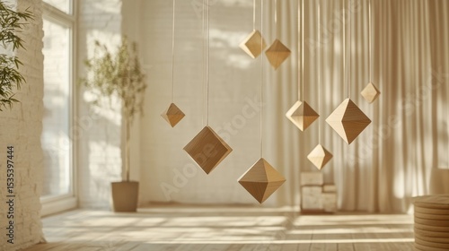 Wooden Geometric Mobile Hanging Decor in Minimalist Room Setting