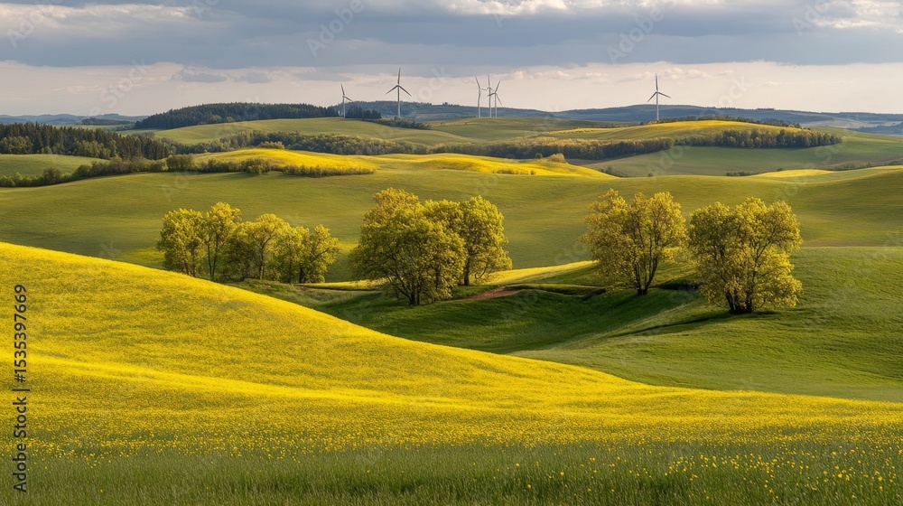 Fototapeta premium Rolling Green Hills with Yellow Flowers and Wind Turbines a Scenic Landscape