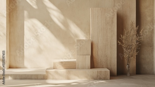 Minimalist Wooden Product Display with Natural Light and Dried Flowers