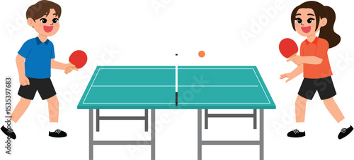 smile boy and girl playing table tennis, table tennis competition, ping pong sport, sport day, game day, energetic player, cute cartoon plays ping pong with table court illustration, 