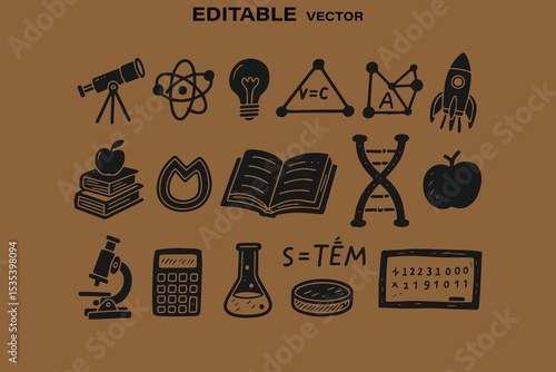 Hand drawn stem icons set education science technology engineering mathematics