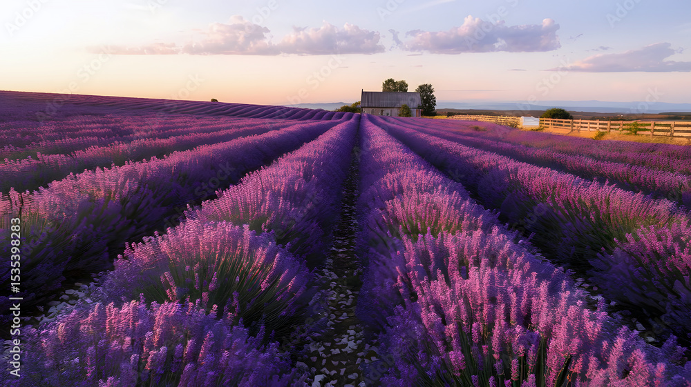 Obraz premium A photo of endless rows of vibrant purple lavender fields stretching towards the horizon, bathed in 
