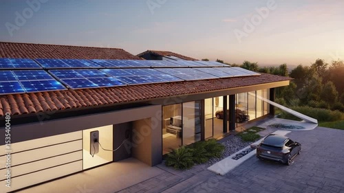 Wallpaper Mural Time-lapse modern house solar panels tiled roof, sun rising setting, shifting shadows, energy flowing visibly into smart home circuits, cinematic time-lapse style, smooth camera motion Torontodigital.ca