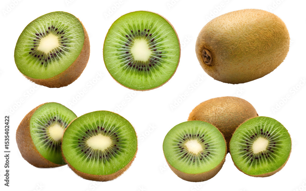 Fototapeta premium Kiwi slices and whole kiwis isolated on transparent background