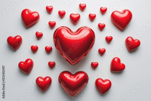 Elegant glossy red hearts arranged on a neutral background creating a romantic and visually appealing display for valentine's day or other celebrations of love and affection.