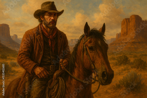 Vintage Cowboy Riding Horse in Desert Landscape – Western Americana Illustration