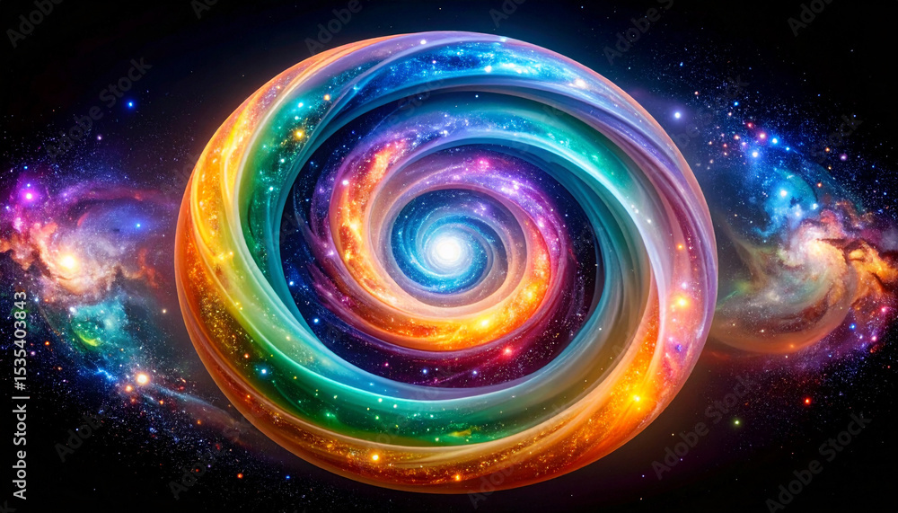 A vibrant, colorful spiral galaxy swirls with glowing stars, creating an energetic and artistic space design A vibrant, colorful spiral galaxy swirls with glowing stars, creating an energetic and artistic space design