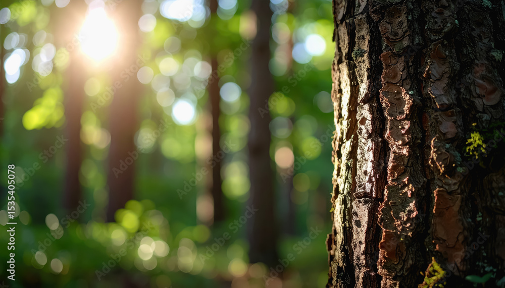 Obraz premium Close-up of rough tree bark with intricate patterns highlighted by natural light filtering through the forest
