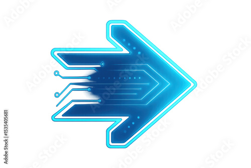 Blue glowing arrow with circuit board texture pointing right on transparent background, ideal for technology and futuristic designs