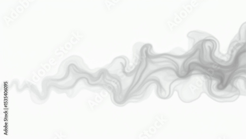 Create a minimalist abstract composition featuring a horizontal trail of soft, wispy black smoke on a clean white background. The smoke should have gentle curves and varying opacity,
