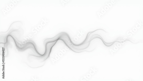 Create a minimalist abstract composition featuring a horizontal trail of soft, wispy black smoke on a clean white background. The smoke should have gentle curves and varying opacity,