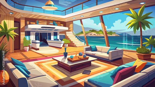 Luxury Yacht Interior: Coastal View from a Modern Living Space .Very beautiful