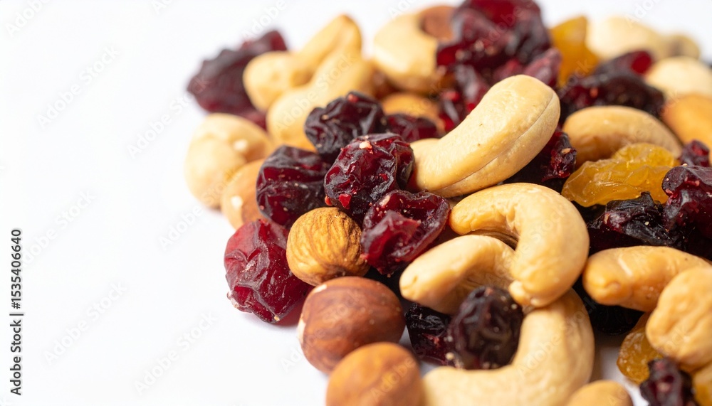 Trail Mix isolated on white background with Cashews, Cranberries, and Almonds Trail Mix isolated on white background with Cashews, Cranberries, and Almonds