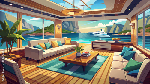 Luxury Yacht Interior: Coastal View from a Modern Living Space .Very beautiful