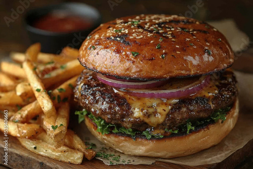 Hamburger with fries.