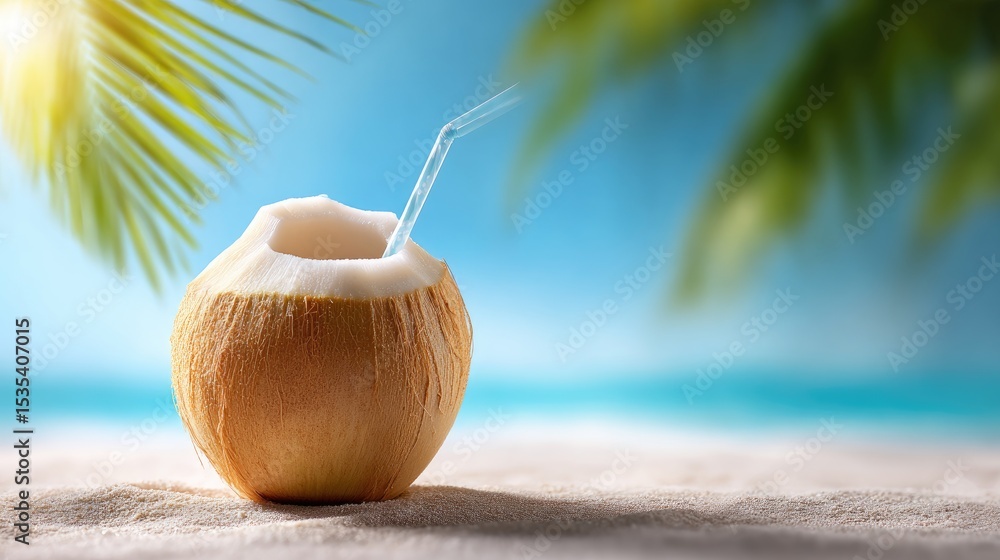 Obraz premium Fresh coconut drink on a tropical beach.