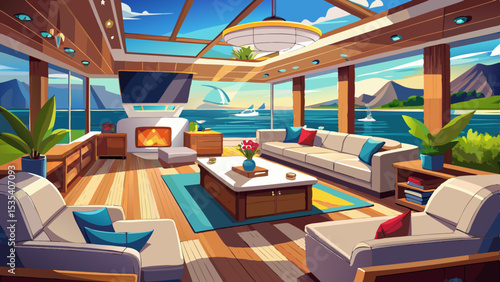 Luxury Yacht Interior: Coastal View from a Modern Living Space .Very beautiful