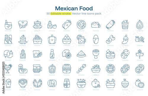 Mexican Food line icon pack. Mexican Food Stroke icon set. Editable Stroke icon