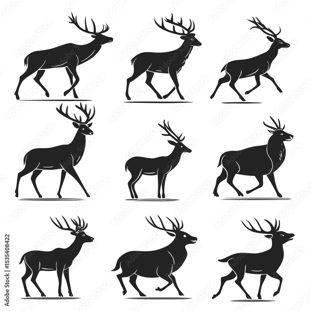 Fototapeta premium Deer Silhouette Vector Set of Wildlife Animal Graphic Icons